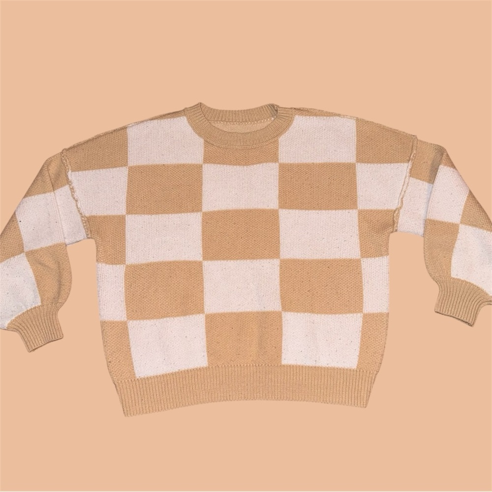 Women’s Large Tan & White Checkered Knit Pullover Sweater Long Sleeve Crew Neck